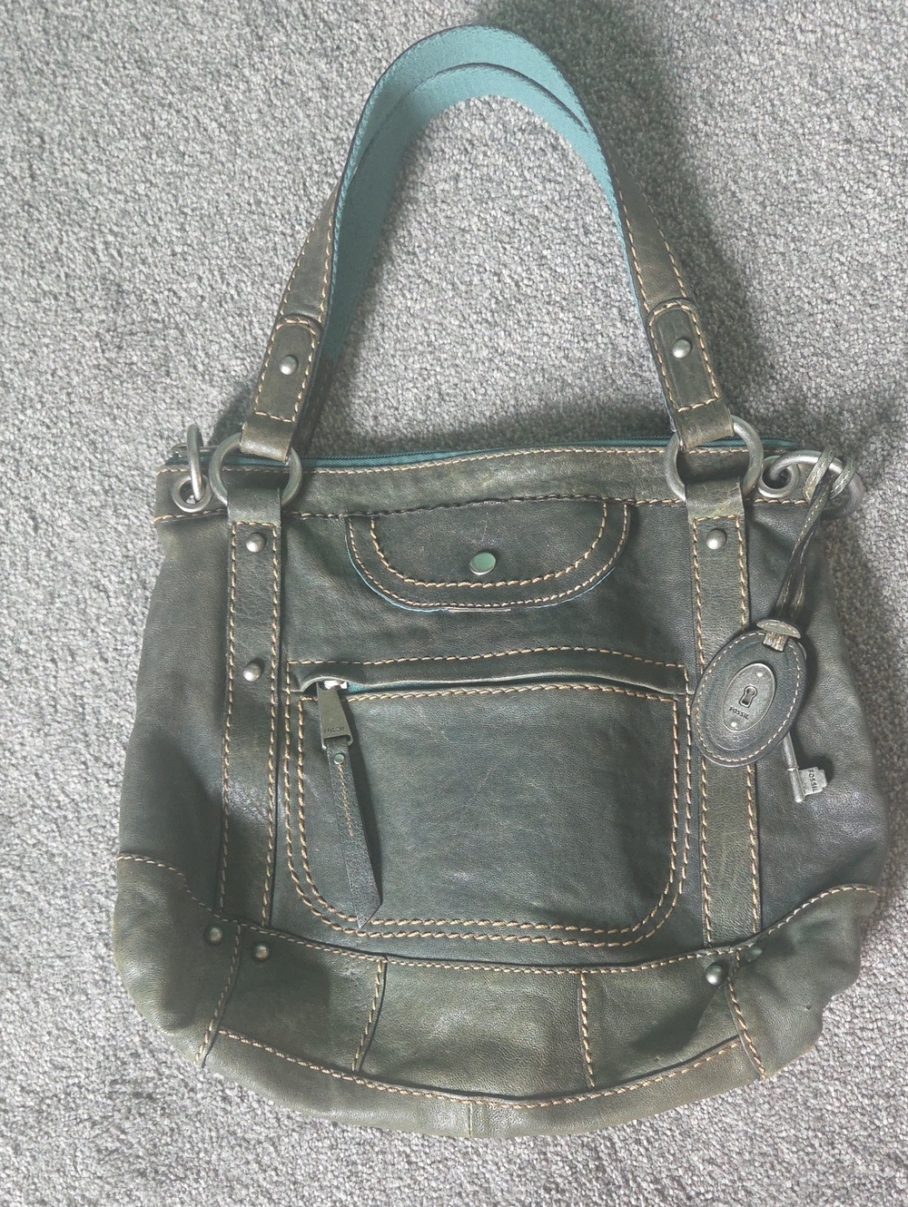Fossil Olive Green Leather Shoulder Bag with Teal Interior